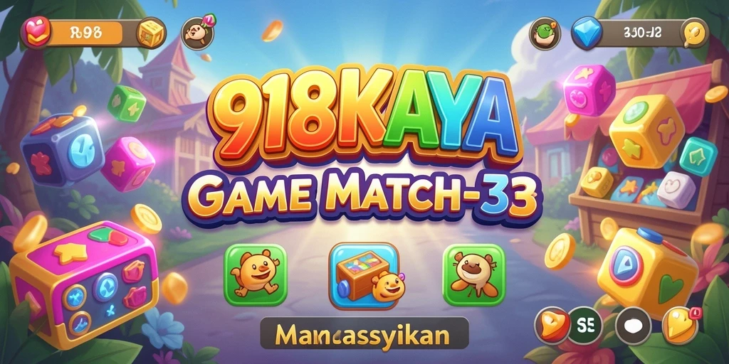 Screenshot permainan 918KAYA menunjukkan aksi mencocokkan elemen Match-3 yang penuh warna.