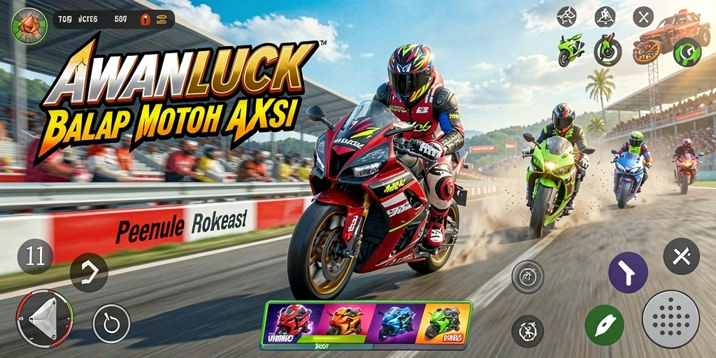 Tampilan balapan seru di AWANLUCK dengan motor dan sirkuit menarik.