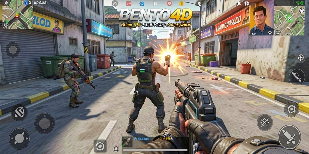 Tampilan utama gameplay BENTO4D dengan aksi menegangkan.