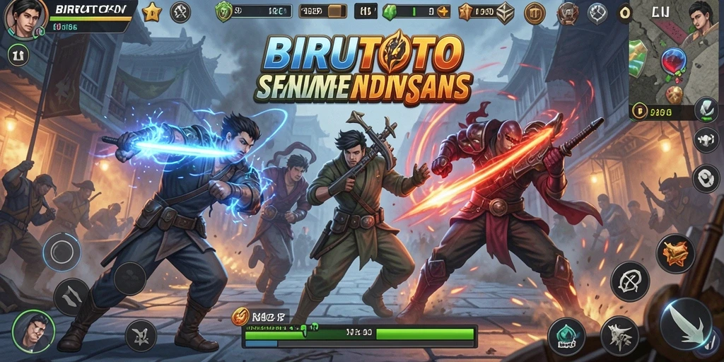 Screenshot gameplay BIRUTOTO dengan pertarungan seru dan karakter unik.