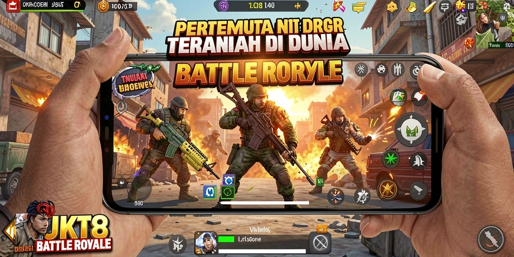 Tampilan gameplay menegangkan dalam JKT8 saat bersaing untuk bertahan hidup.