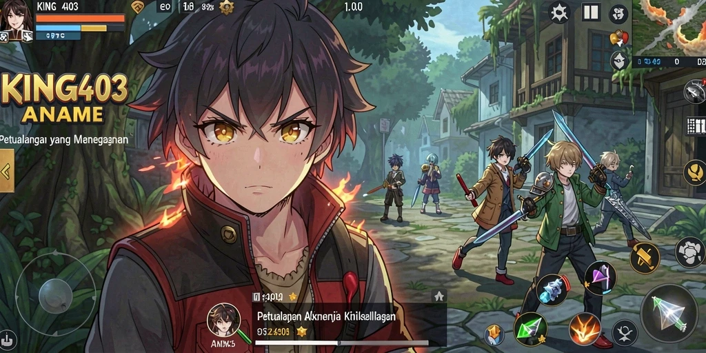 Screenshot KING403 menampilkan pertarungan seru antara karakter Anime.