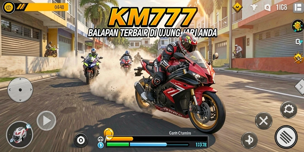 Screenshot gameplay <strong>KM777</strong> menunjukkan aksi balapan motor yang menegangkan.