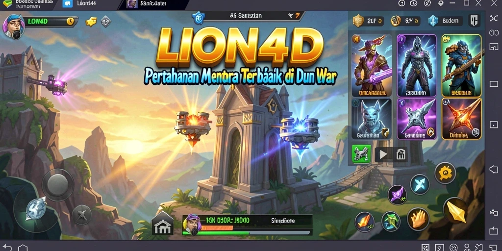 Tampilan gameplay LION4D dengan menara pertahanan melawan gelombang musuh.