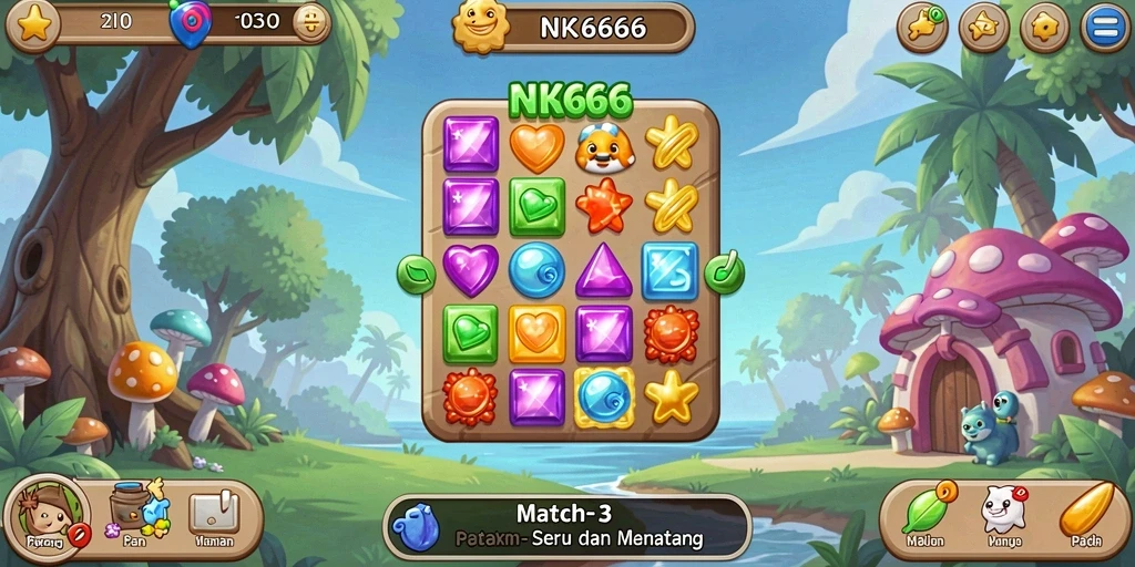Screenshot gameplay NK666 yang menampilkan berbagai tantangan match-3.