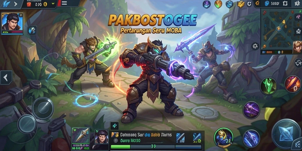 Menampilkan aksi intens dalam gameplay MOBA PAKBOSTOGEL.