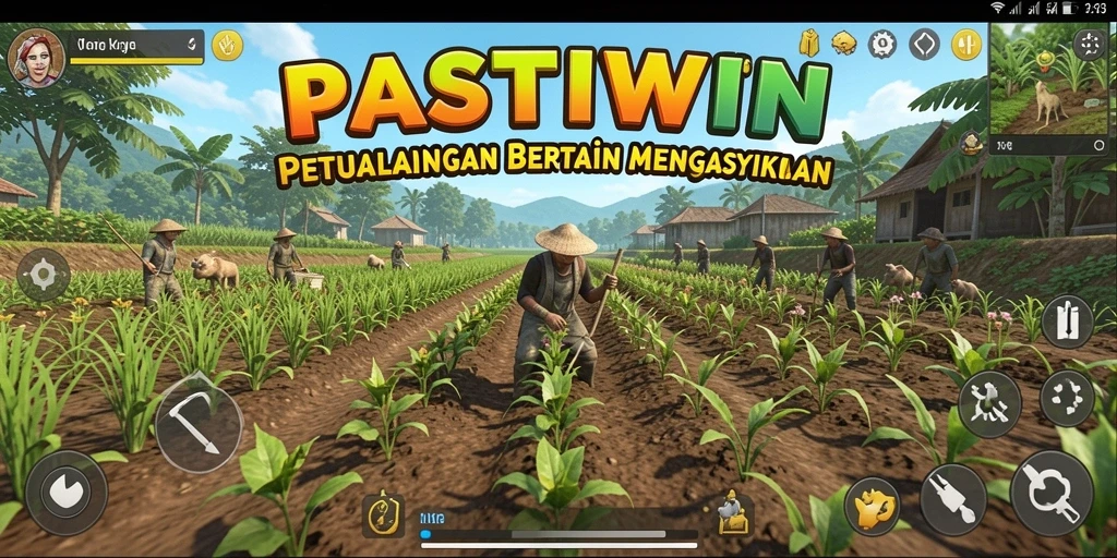 Tangkapan layar PASTIWIN menampilkan kebun yang subur dan gameplay bertani yang intuitif.