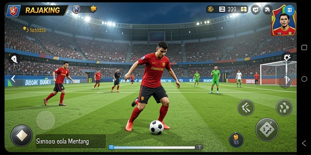 Screenshot gameplay RAJAKING yang menunjukkan aksi sepak bola menegangkan.