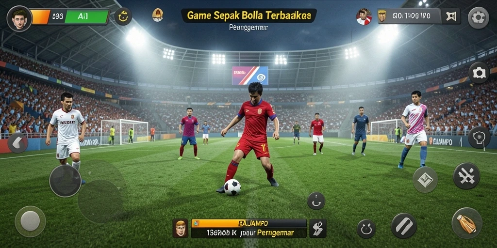 Tangkapan layar gameplay dari RAJAMPO menampilkan aksi di lapangan sepak bola.