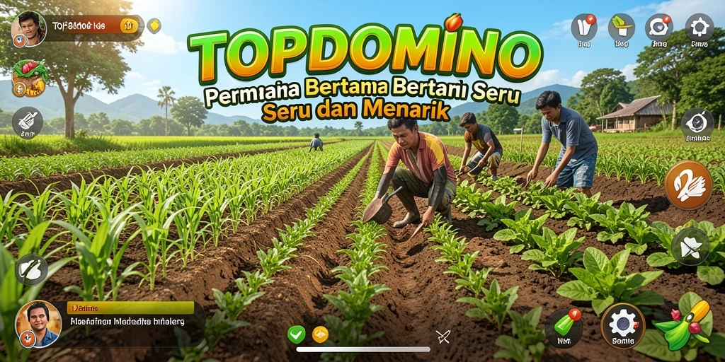 Screenshot gameplay TOPDOMINO menunjukkan ladang yang subur dan hewan ternak.